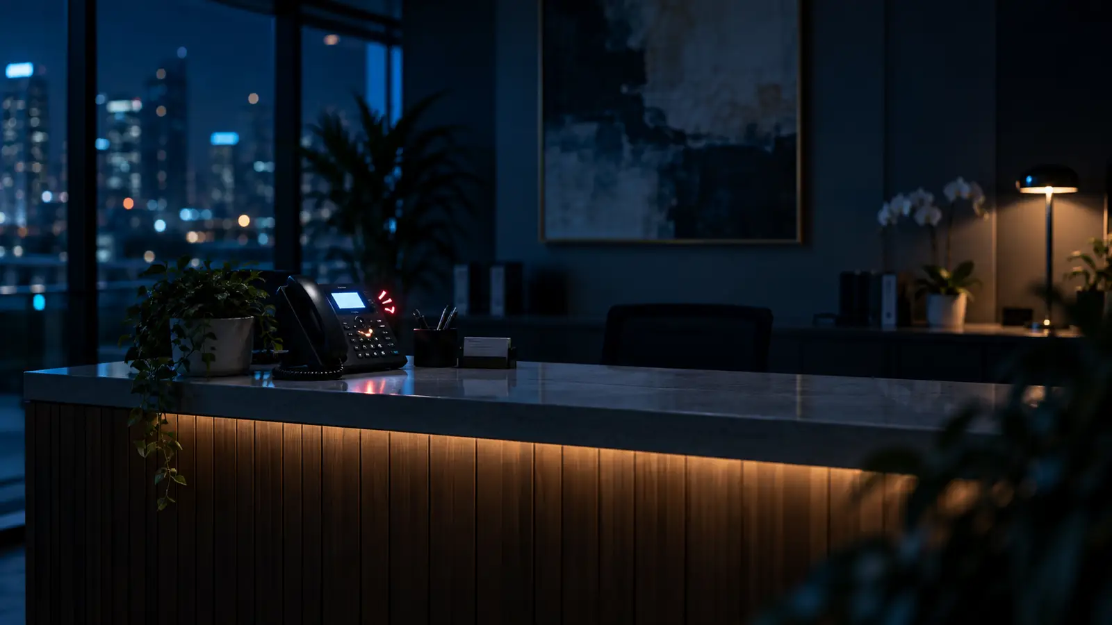 Una recepció buida, de nit