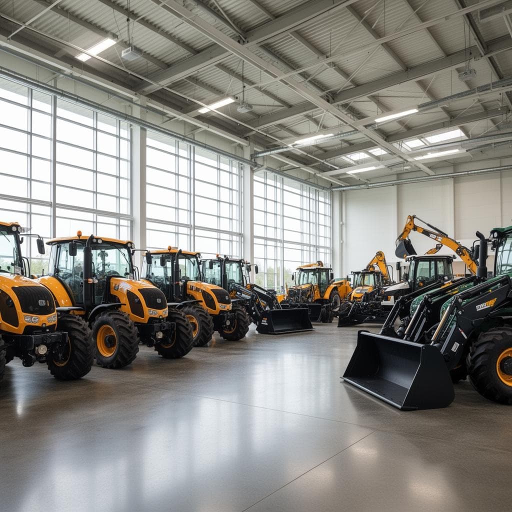 Una nau amb tractors i maquinària de construcció