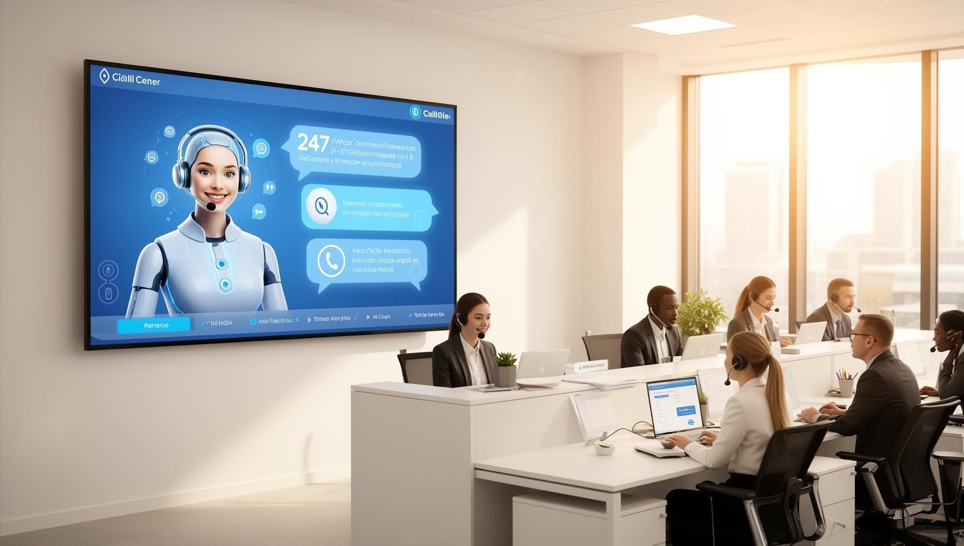 Un equip amb auriculars treballant en una oficina diàfana